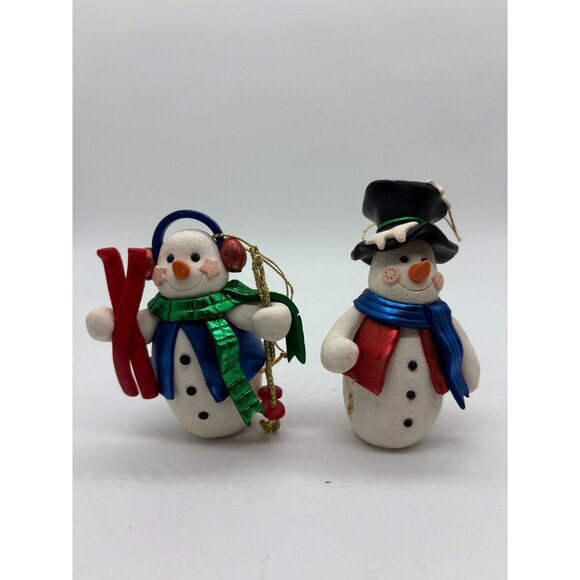 Vintage Skiing Snowman & Top Hat Snowman Christmas Ornaments Set of 2 - Picture 1 of 6